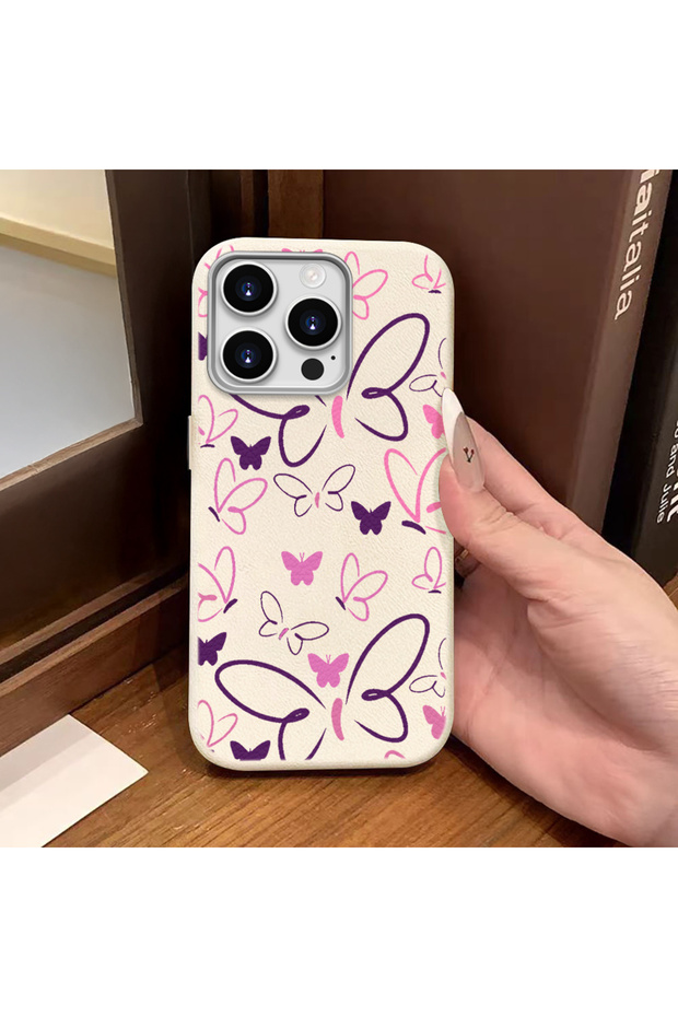 iPhone 15 Pro Max Compatible White Leather Textured Silicone Protects Camera Shock-Absorbing Case Butterfly