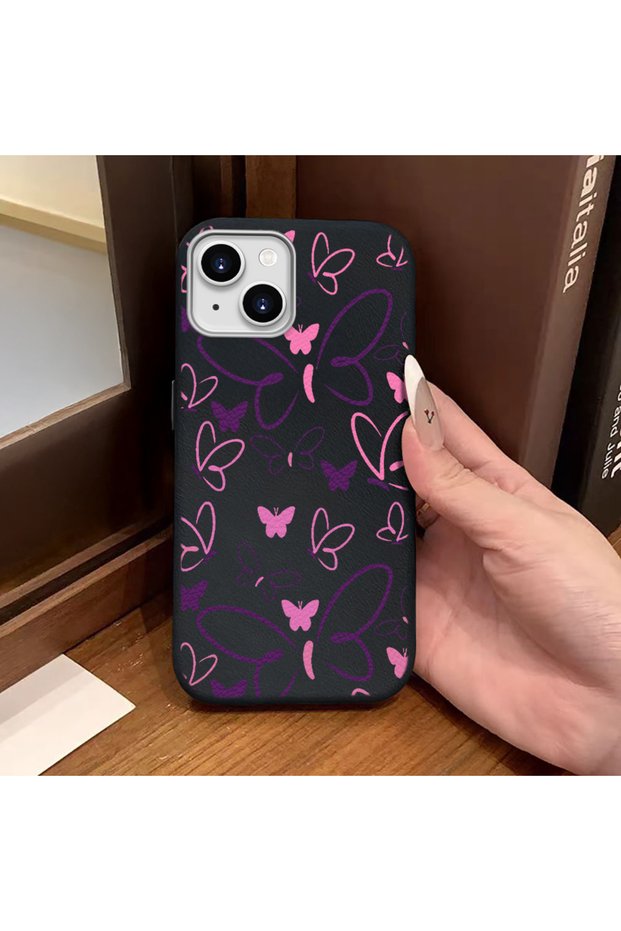iPhone 14 Plus/15 Plus Compatible Black Leather Textured Silicone Protects Camera Shock-Absorbing Case Butterfly