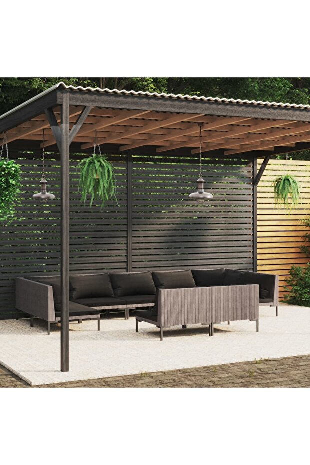 9 Piece Garden Lounge Set with Cushions Poly Rattan Dark Grey