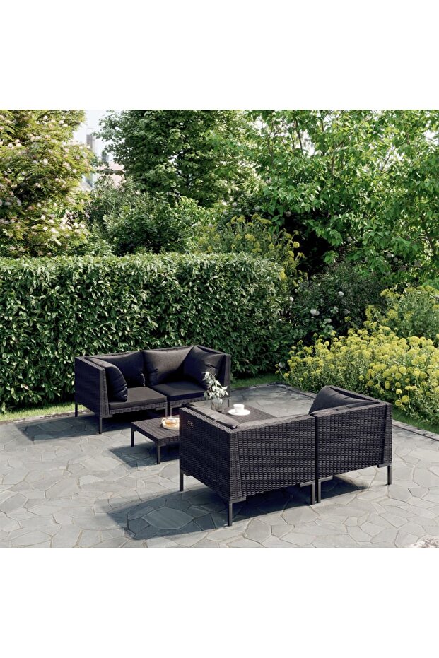 5 Piece Garden Lounge Set with Cushions Poly Rattan Dark Grey