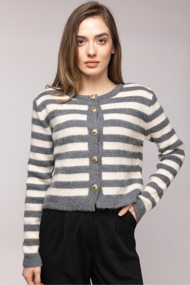 Gray Striped Gold Buttoned Crew Neck Cardigan