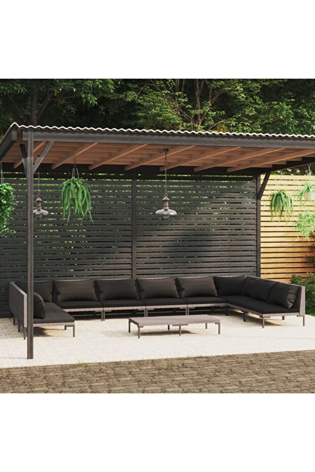 11 Piece Garden Lounge Set with Cushions Poly Rattan Dark Grey