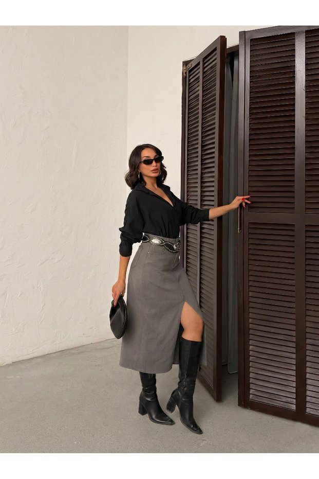 Gray Skirt with Cut-Out Front Slit Linen Skirt