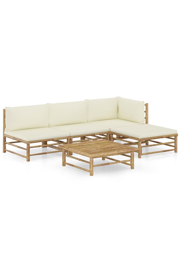 5 Piece Garden Lounge Set with Cream White Cushions Bamboo