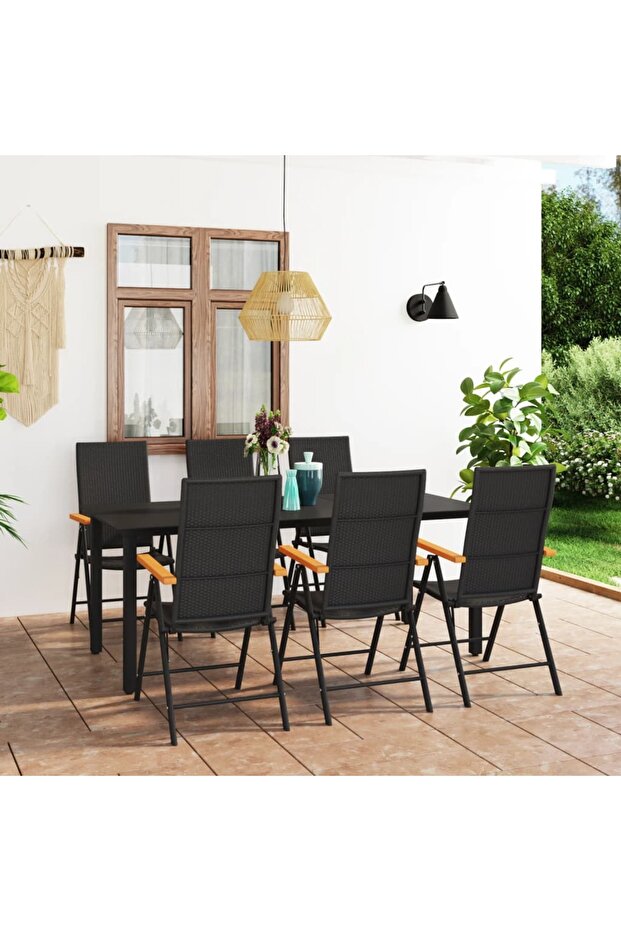 7 Piece Garden Dining Set Black and Brown