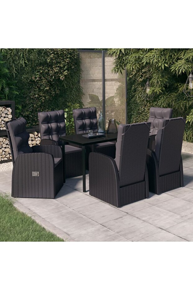 7 Piece Garden Dining Set with Cushions Black
