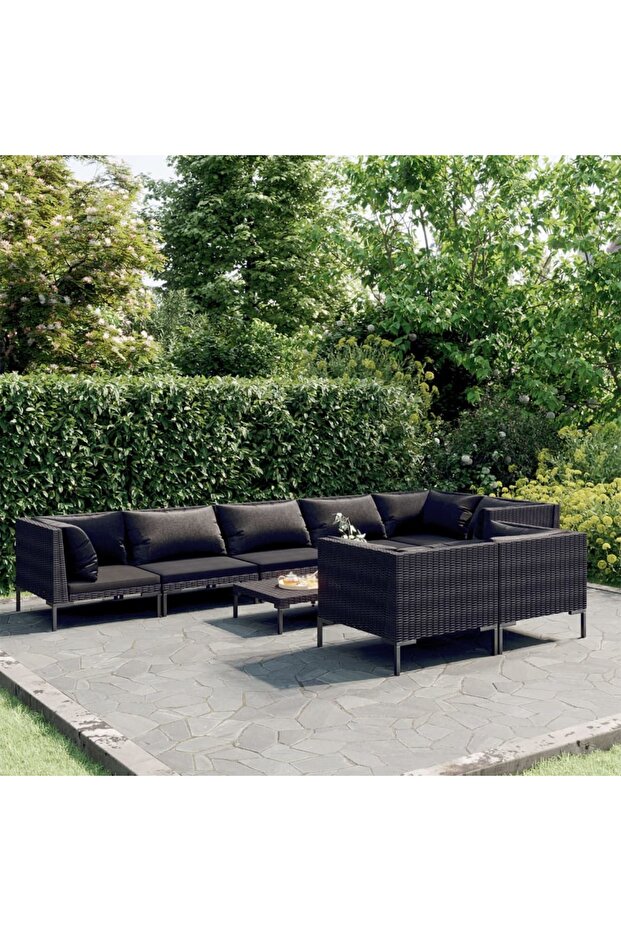 9 Piece Garden Lounge Set with Cushions Poly Rattan Dark Grey