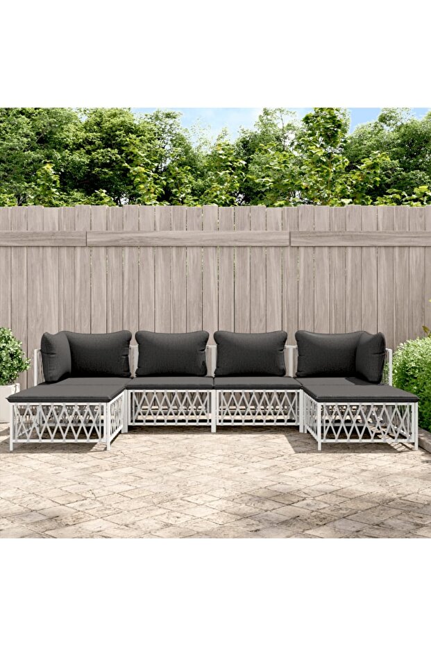 6 Piece Garden Lounge Set with Cushions White Steel