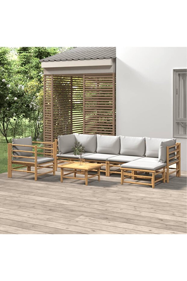 7 Piece Garden Lounge Set with Light Grey Cushions Bamboo