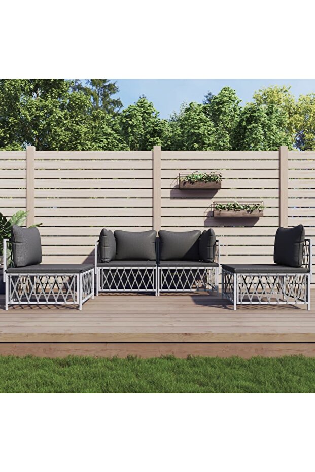 4 Piece Garden Lounge Set with Cushions White Steel