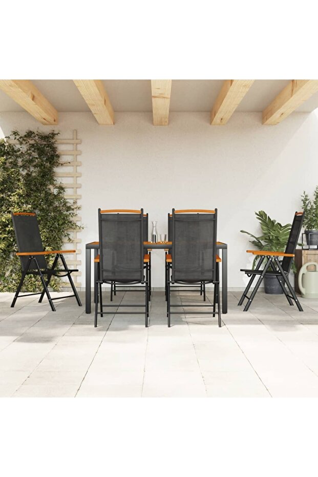 7 Piece Garden Dining Set Black and Brown Aluminium