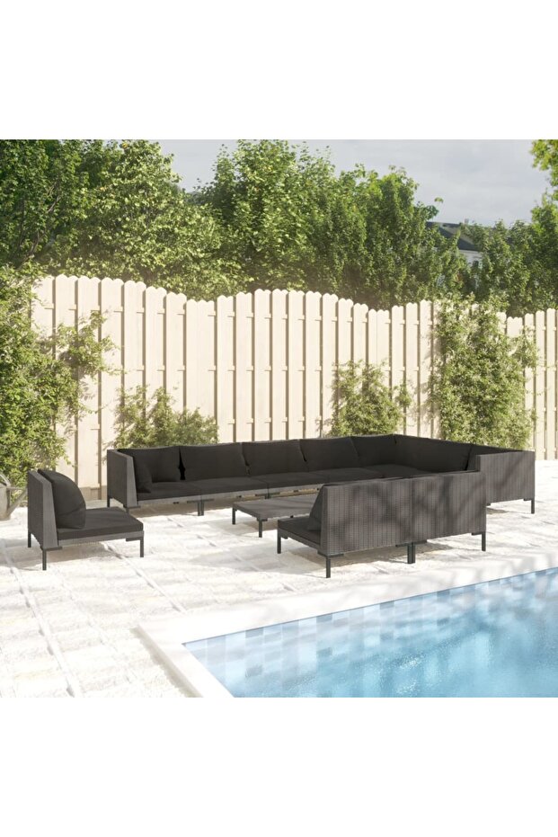 11 Piece Garden Lounge Set with Cushions Poly Rattan Dark Grey