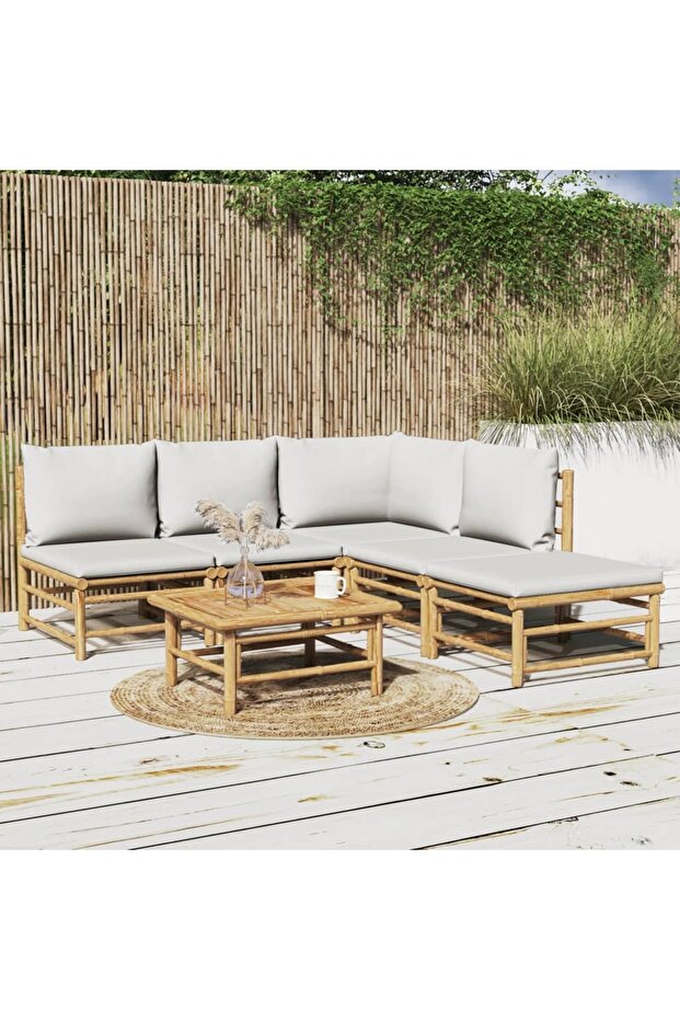 6 Piece Garden Lounge Set with Light Grey Cushions Bamboo