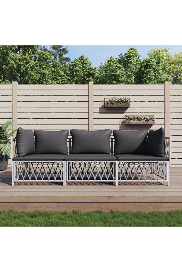 3 Piece Garden Lounge Set with Cushions White Steel