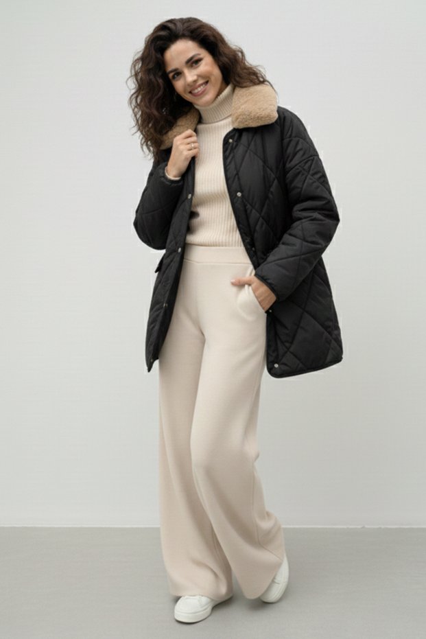 Quilted Coat with Fur Collar K9180-1 Black
