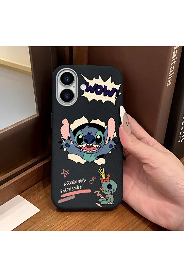 iPhone 16 Compatible Black Leather Textured Silicone Protects Camera Shock-Absorbing Case Stitch