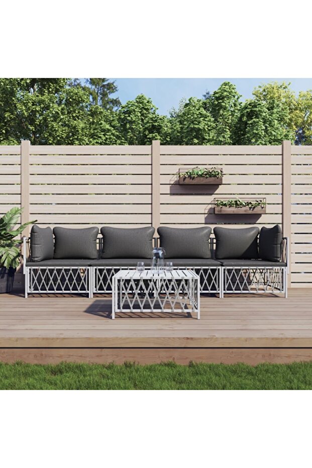 5 Piece Garden Lounge Set with Cushions White Steel