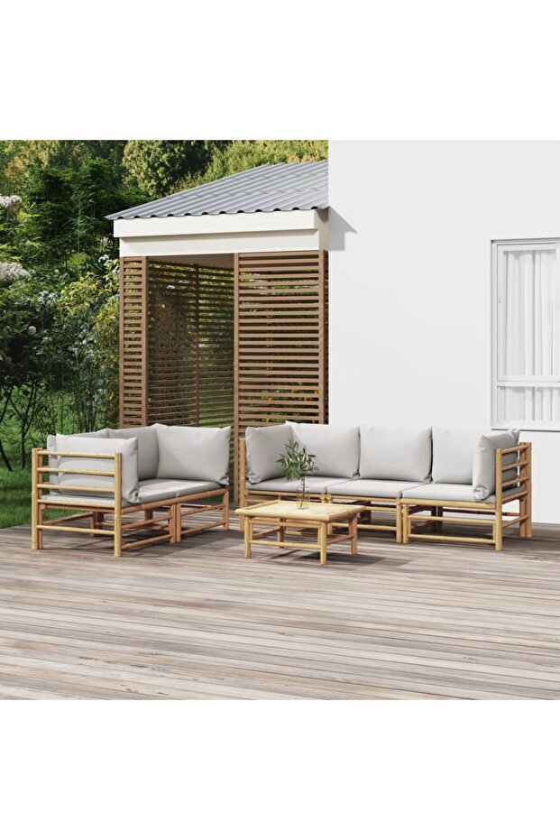 6 Piece Garden Lounge Set with Light Grey Cushions Bamboo