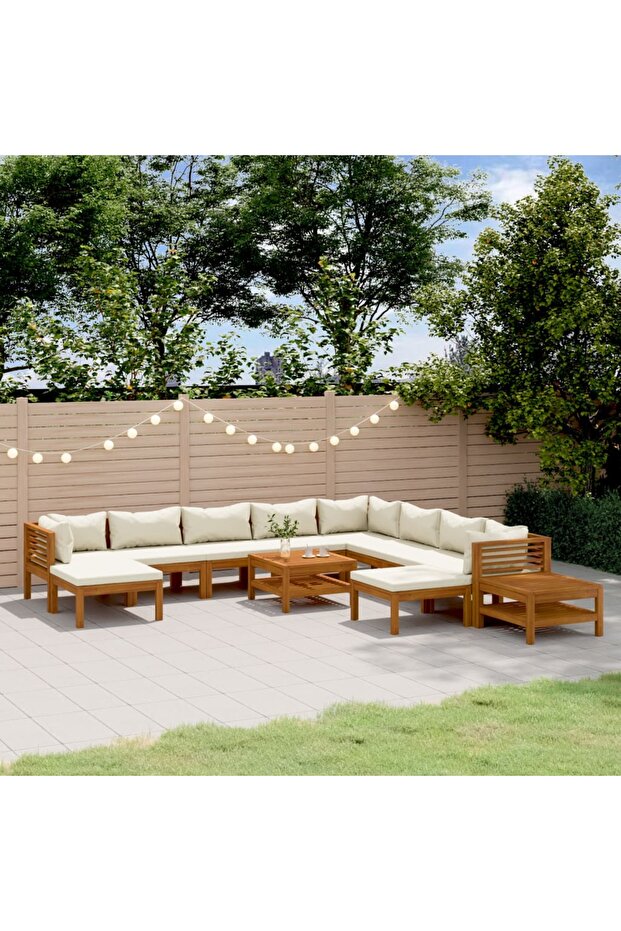 12 Piece Garden Lounge Set with Cream Cushion Solid Acacia Wood