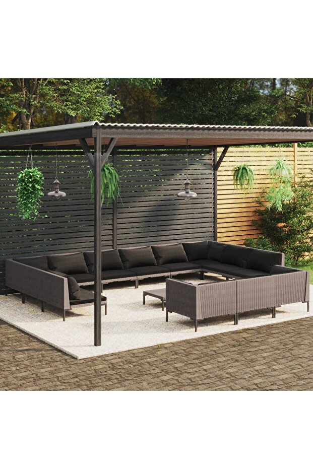 14 Piece Garden Lounge Set with Cushions Poly Rattan Dark Grey