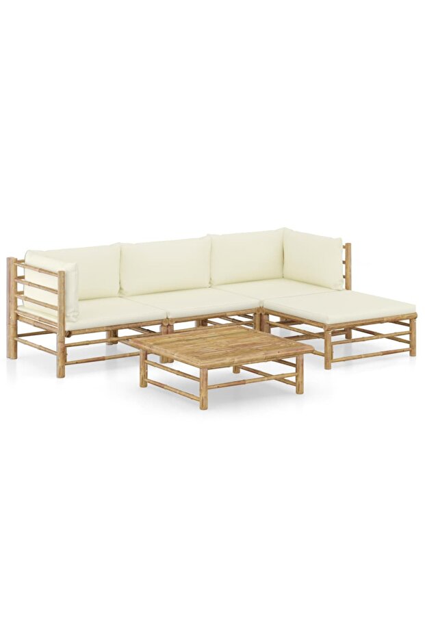 5 Piece Garden Lounge Set with Cream White Cushions Bamboo