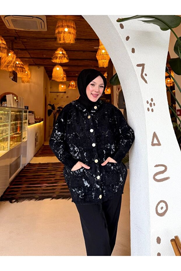 Angora Fabric Shiny Patterned Pocketed Hooded Cardigan