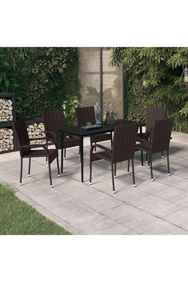 7 Piece Garden Dining Set Brown and Black