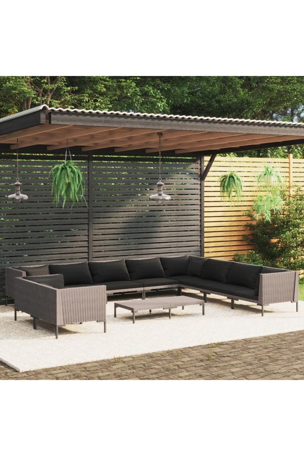 11 Piece Garden Lounge Set with Cushions Poly Rattan Dark Grey