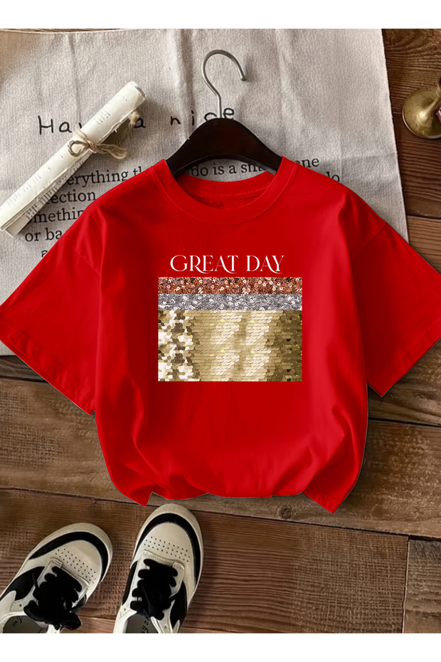Women's Gold Sequin Embroidered Printed Crew Neck Red T-Shirt