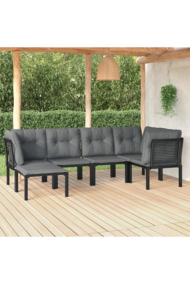 6 Piece Garden Lounge Set Black and Grey Poly Rattan