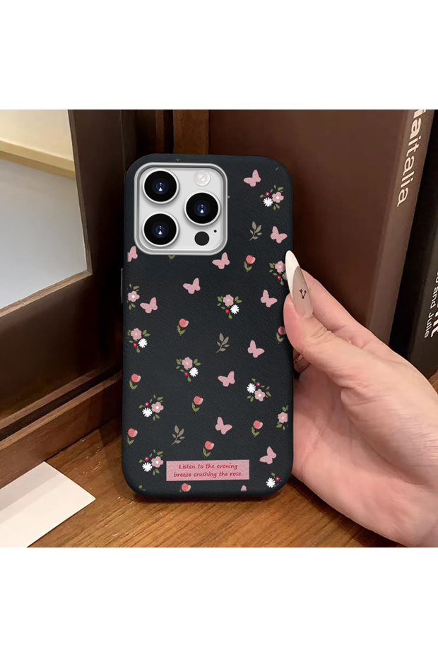 iPhone 14 Pro Compatible Black Leather Textured Silicone Protects Camera Shock-Absorbing Case Flower