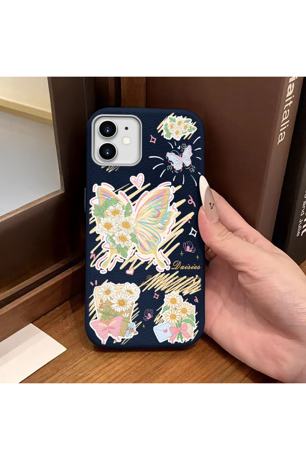 iPhone 11 Compatible Blue Leather Textured Silicone Protects Camera Shock-Absorbing Case Butterfly