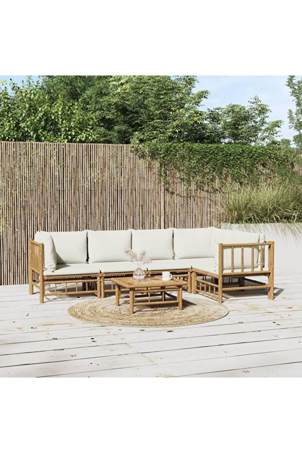 6 Piece Garden Lounge Set with Cream White Cushions Bamboo