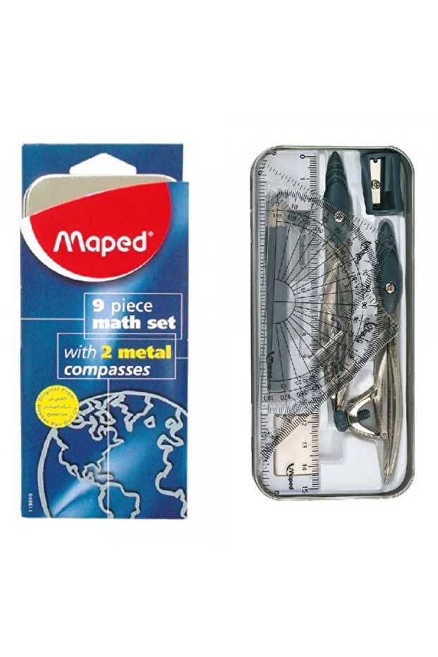 Cosmic World Geometric Box 9 Piece Math Set With 2 Metal Compasses
