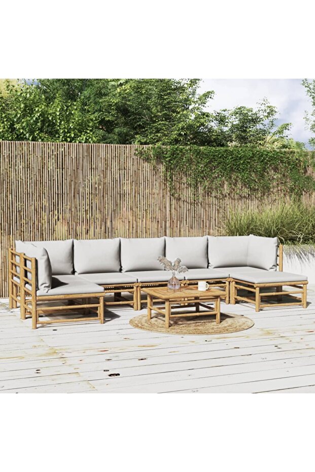 8 Piece Garden Lounge Set with Light Grey Cushions Bamboo