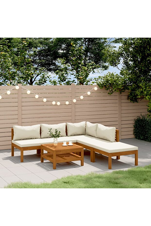 6 Piece Garden Lounge Set with Cream Cushion Solid Acacia Wood