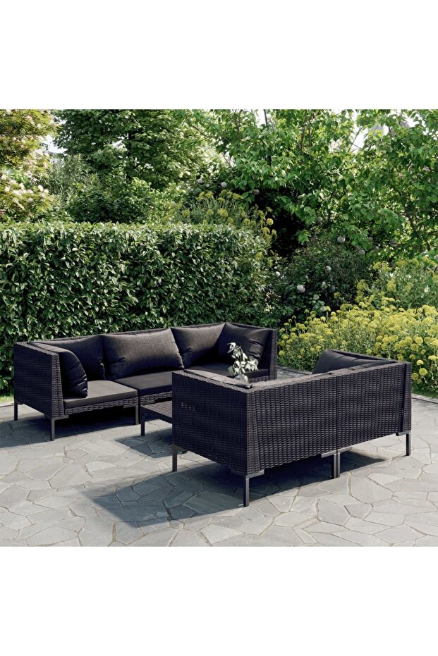 6 Piece Garden Lounge Set with Cushions Poly Rattan Dark Grey