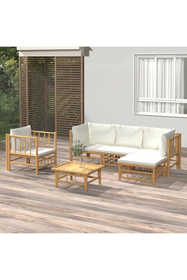 6 Piece Garden Lounge Set with Cream White Cushions Bamboo