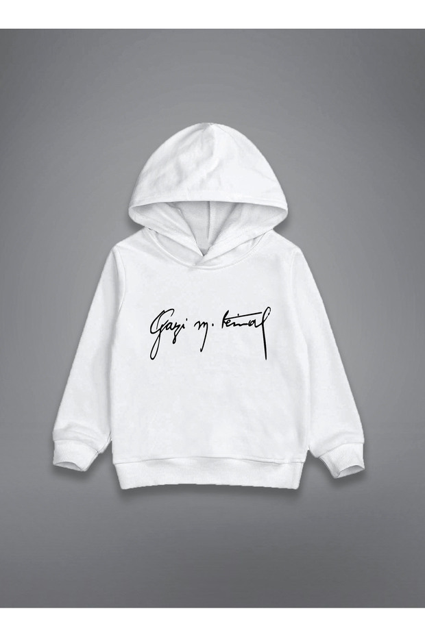 Mustafa Kemal Atatürk Printed White Kids Hooded Sweatshirt