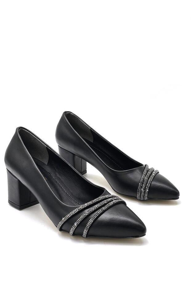 Stone Piped Detail Heeled Women's Shoes Black