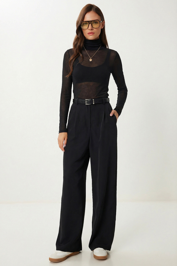 Pleated Woven Palazzo Pants Ldw0010 Black
