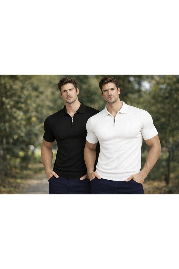 Set of 2 Men's Polyoyaka Zipper Knitwear T-Shirt T-Shirt Cotton Comfortable