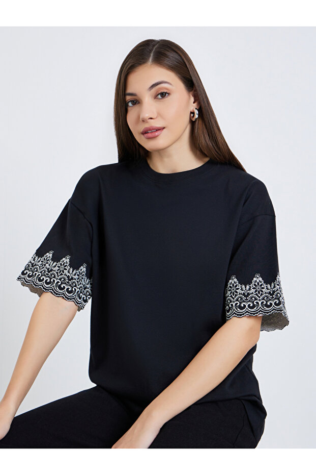 Women Black Embroidered Sleeve Oversized T-Shirt