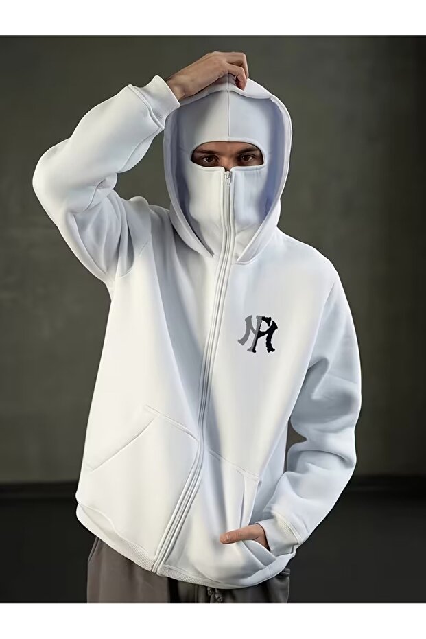 White Unisex Oversized Full Zipper Masked Gothic Hooded Hoodie Sweatshirt Car