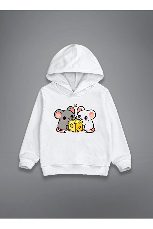 سويت شيرت بقلنسوة للأطفال من Cute Mice مطبوع باللون الأبيض