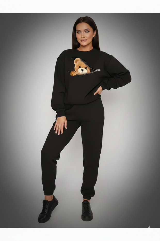 Women's Zippered Cute Bear Printed Crew Neck Gray/Black Tracksuit Set