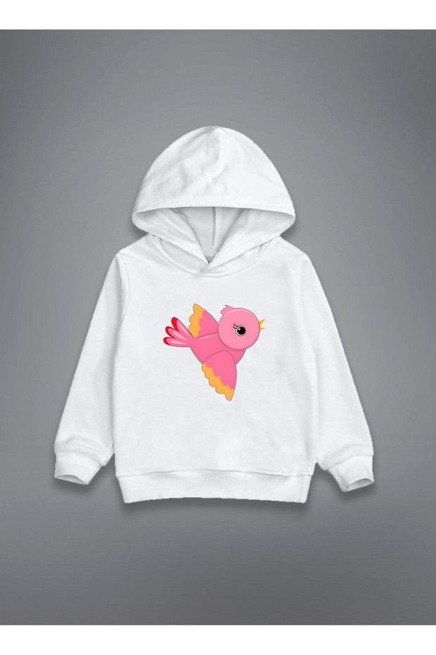 سويت شيرت بقلنسوة للأطفال باللون الأبيض من Pink Bird مطبوع