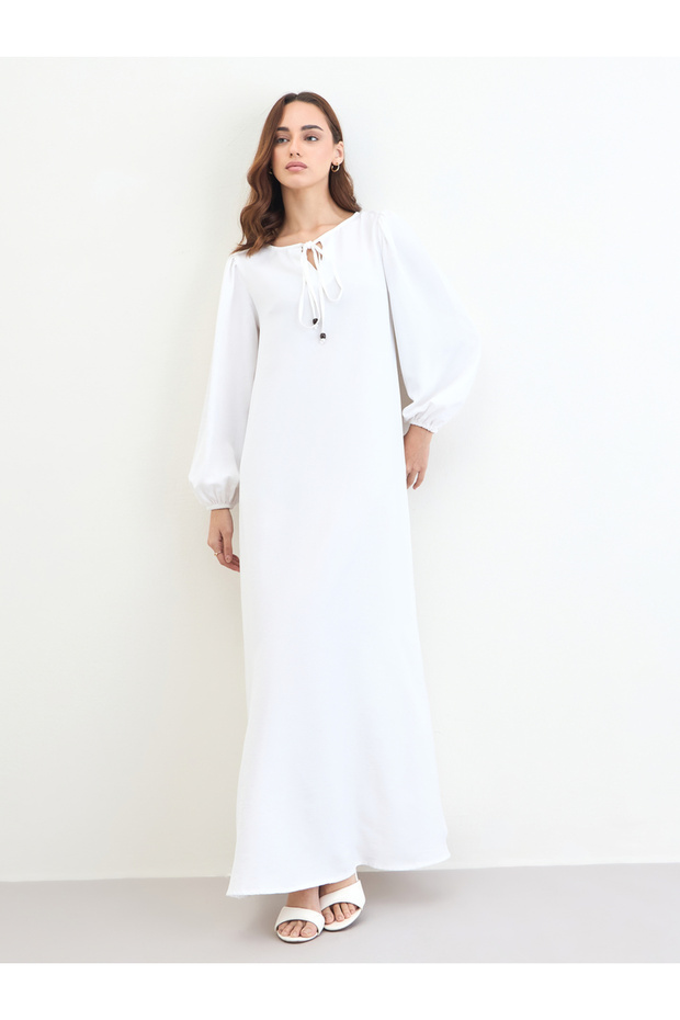Women White Tie-Up Neck Jalabiya