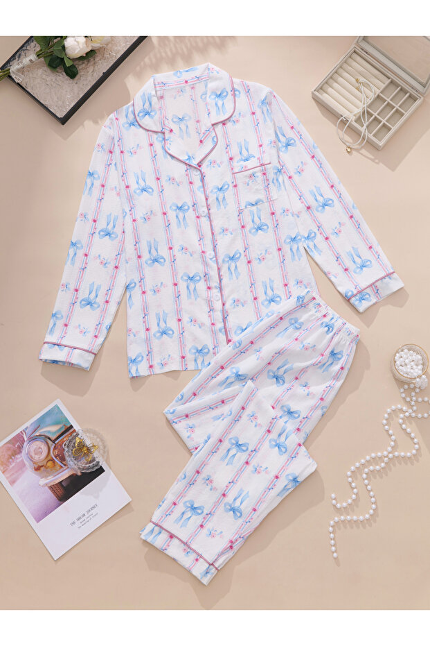 Women Graphic Bow Print Shirt and Pyjama Set