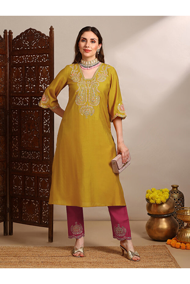 Women Yellow Zari Embroidered Straight Kurta with Pants Set